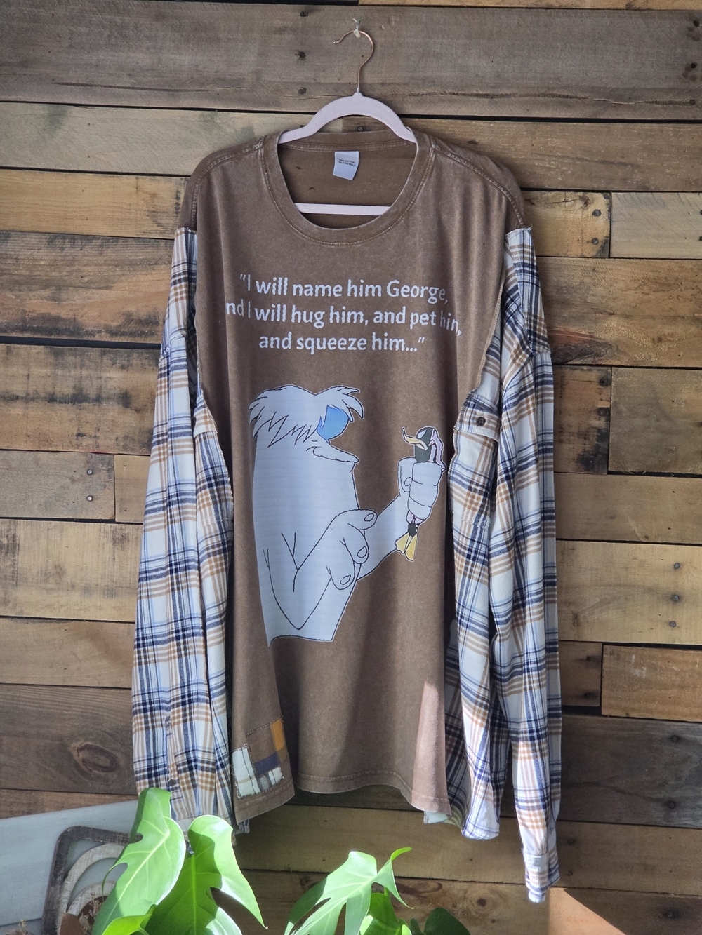 Upcycled Graphic T-shirt Brown with Plaid Sleeves